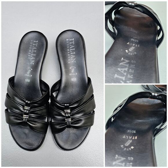 Black Mini Wedge Sandals Italian Shoemakers Bade Size 10 Strappy Slides Silver - Picture 10 of 12